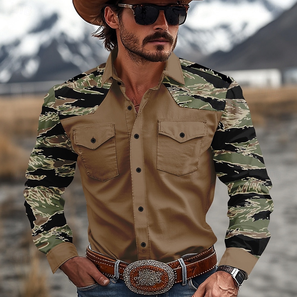 Herren camuflaje Tarnfarben Westernhemd Cowboy-Shirt Langarm Western Brautkleider schlicht Outdoor Frühling Herbst Umlegekragen 2 Taschen Schwarz Braun Grün Khaki 2025 - $13.79 –P3