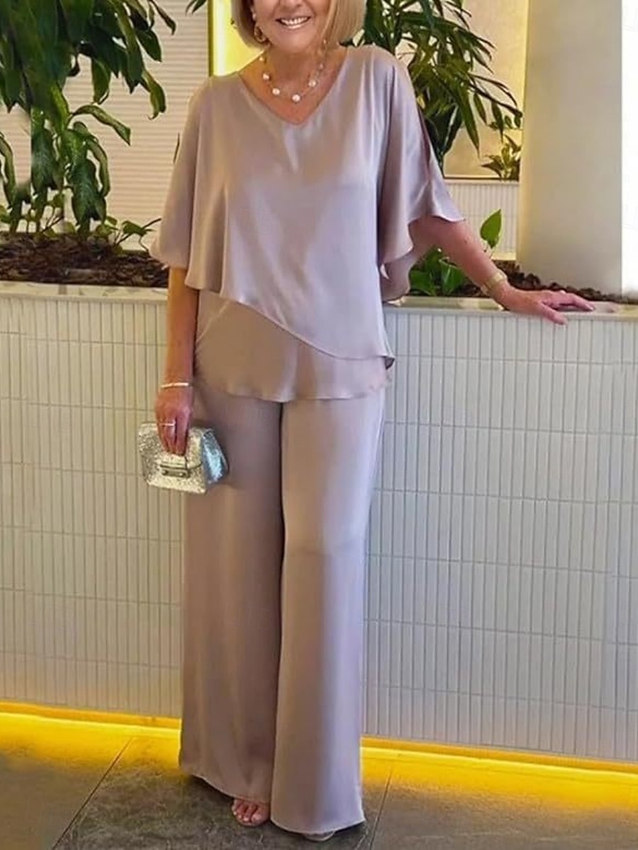 Damen Modisch Strassenmode Täglich Bluse Hose mit weitem Bein 3/4 Ärmel V Ausschnitt Glatt Rüsche Casual Täglich Rosa Purpur Khaki Frühling & Herbst Regular Fit 2025 - $33.99 –P4