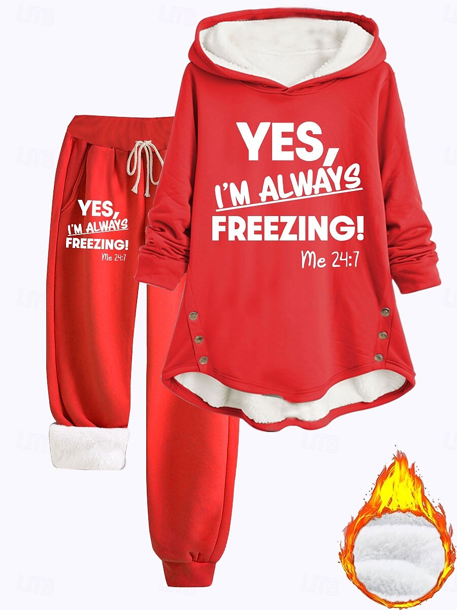 Kvinne 2 deler Loungewear Sett Hettegenser og Joggebukser Casual Kaldt Vær Frase Print med Fleece Fôr Koselig Passform Vinter 2025 - $49.99 –P5