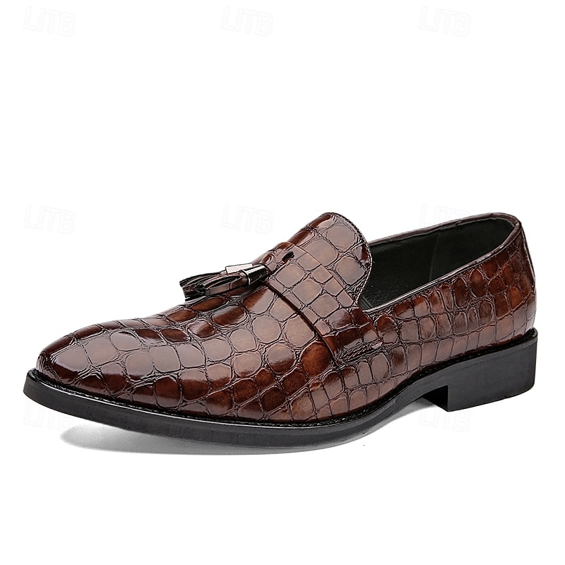 pánské hnědé mokasíny s krokodýlím vzorem z umělé kůže se střapkovým detailem - elegantní nazouváky na svatbu, obchodní i formální příležitosti 2025 - $46.99 –P2