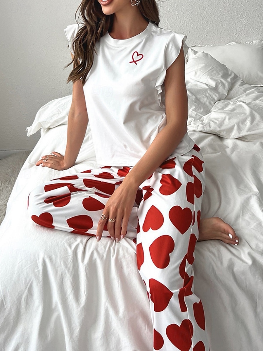 Women's Pajama Set Casual Comfort Heart Ruffle Elastic Waist Tank Top Pant Home Valentine's Day Daily Sleeveless Crew Neck Black Pink Red Summer Spring Fall Regular Fit 2025 - $21.99 –P4
