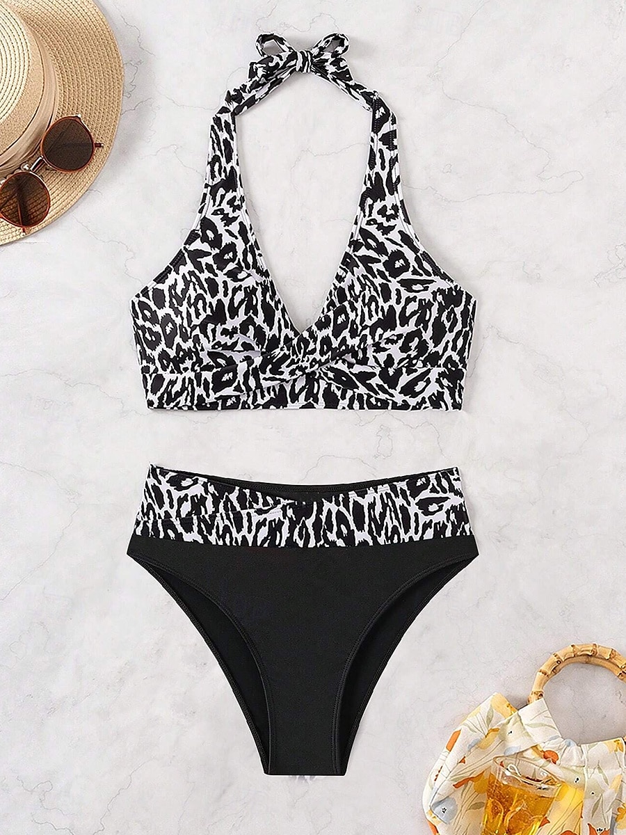 Dámské plavky bikiny dvoudílné žertovné plavky bez zad s uvázáním na krk plážové oblečení na dovolenou leopardí halter krk bezrukávové plavky 2025 - $29.99 –P2