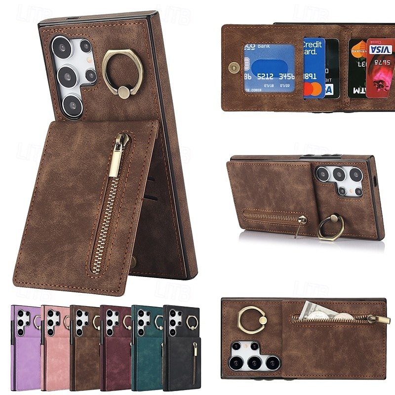 telefon Carcasă Pro Samsung Galaxy S24 S24 Ultra Plus S24 FE S23 S22 S21 S20 Ultra Plus FE A14 A54 A53 A33 A12 A32 Zadní kryt se stojánkem Držák na prsteny Zip Retro TPU PU kůže 2025 - $19.99 –P4