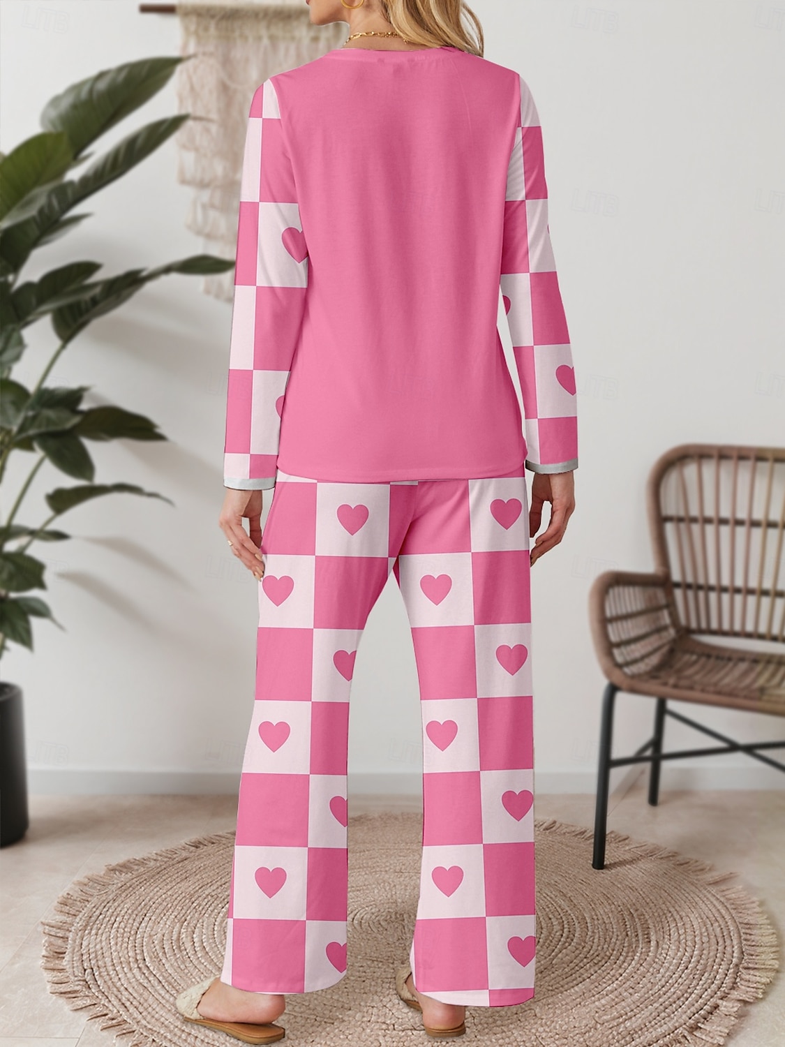 Pigiama Set Da Donna Valentine's Giorno Casual Comfort Comfort Cuore Griglia Plaid Maglietta Pantaloni Casa Valentine's Giorno Quotidiano Lungo Manica Collo A Giro Rosa Primavera Autunno Inverno del 2025 a $31.99 –P2