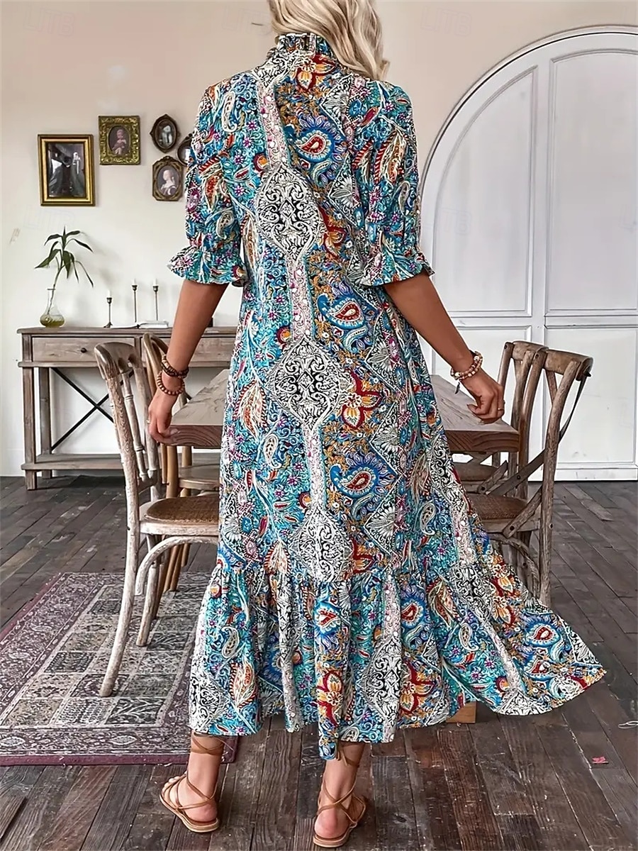 Women's Maxi Dress Casual Dress Boho Dress Cute Stylish Casual Vacation Daily Loose Fit Graphic 3/4 Length Sleeve V Neck Red Blue Orange Summer Spring Fall 2026 - $31.99 –P13