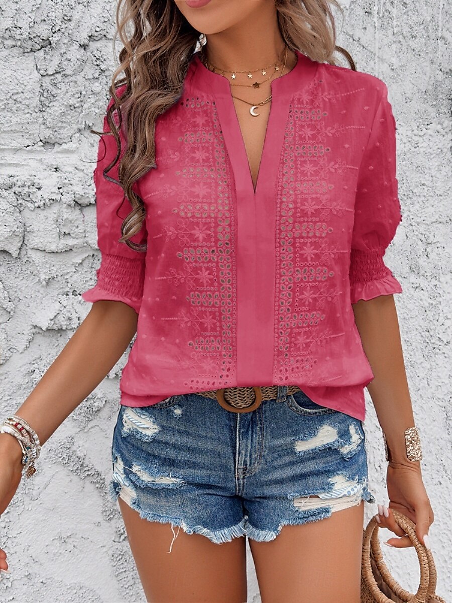 Damen Hemd Bluse Feste Farbe Basic Brautkleider schlicht Halbe Ärmel Gekerbter Hals Normale Oberteile Täglich Bestickt Weiß Rosa Grün Sommer Frühling & Herbst 2025 - $39.99 –P16