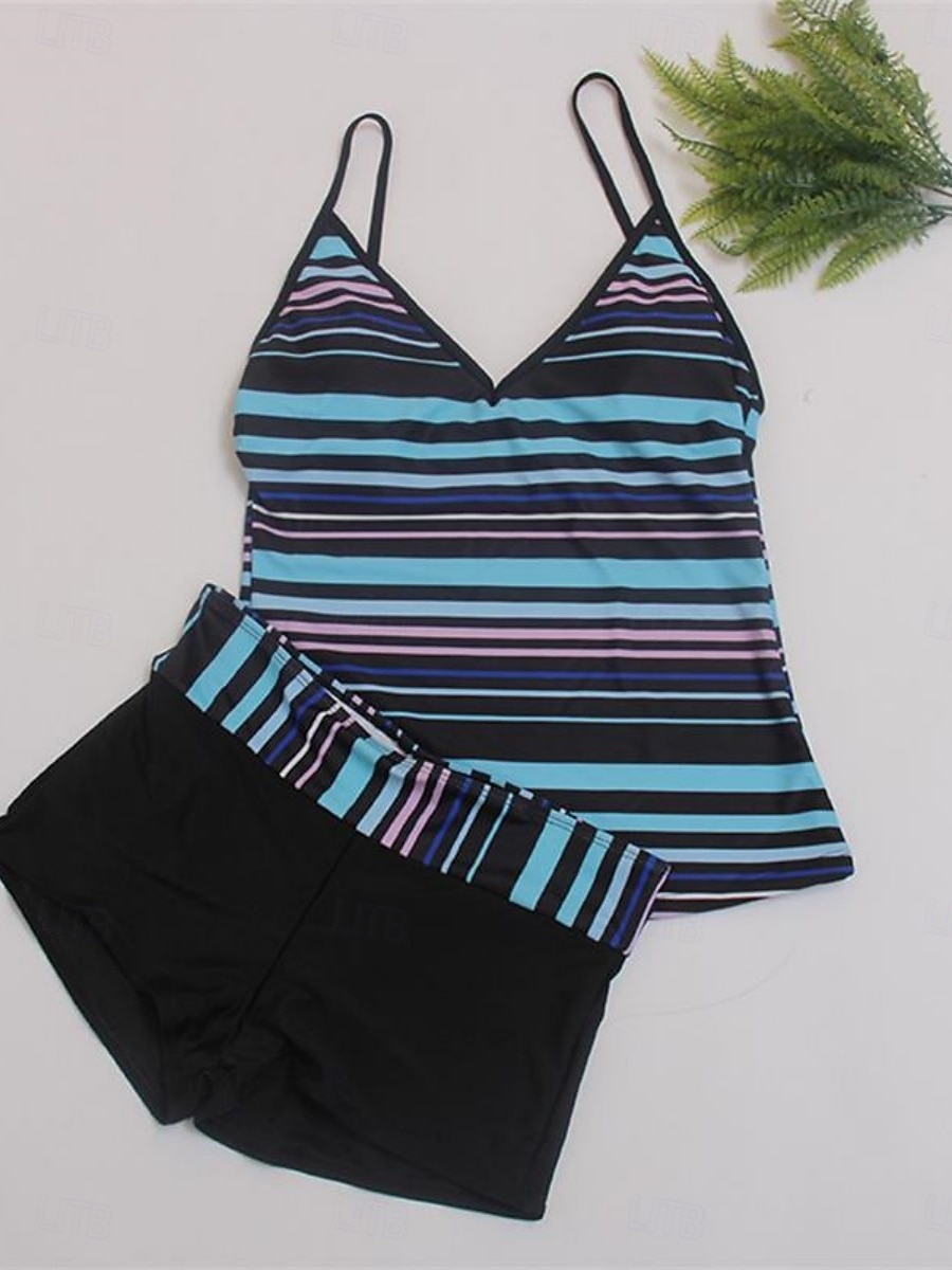 Dam Badkläder Tankini 2 st Pojkeben Baddräkt Öppen rygg Hög midja Semester Standkläder Rand V-hals Ärmlös Baddräkter 2025 - $25.99 –P2