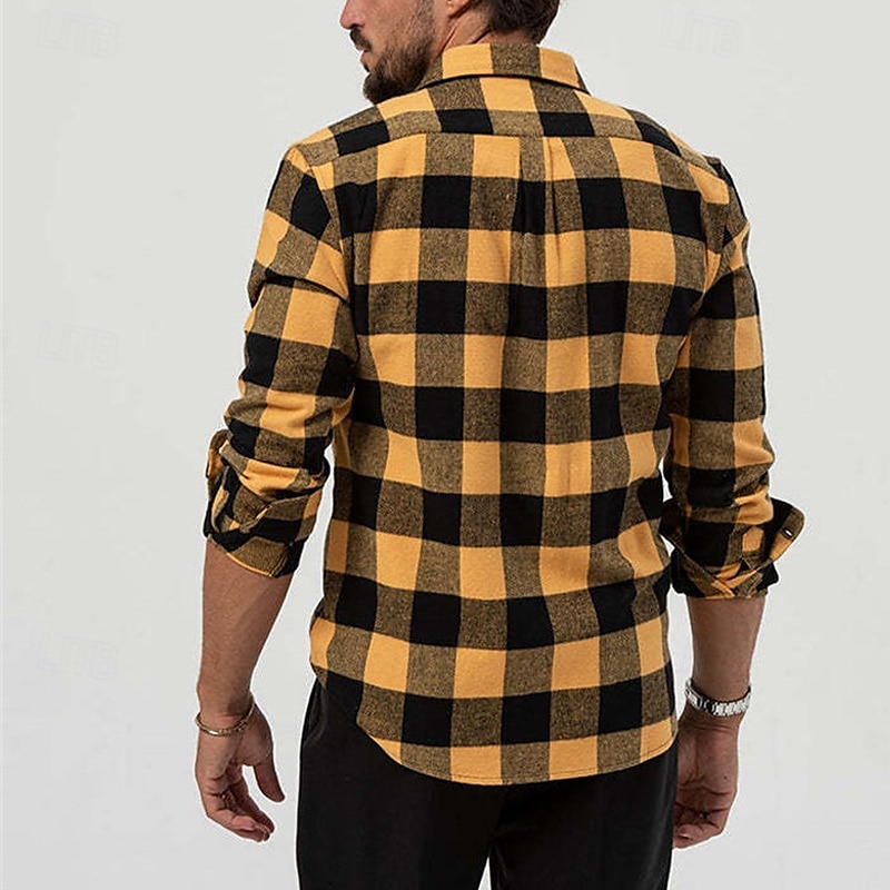 Men's Shirt Summer Shirt Casual Shirt Beach Shirt Button Up Shirt Overshirt Yellow Blue Long Sleeve Plaid Lapel Vacation Hawaiian Button-Down Clothing Apparel Fashion Casual Comfortable 2025 - $25.99 –P3