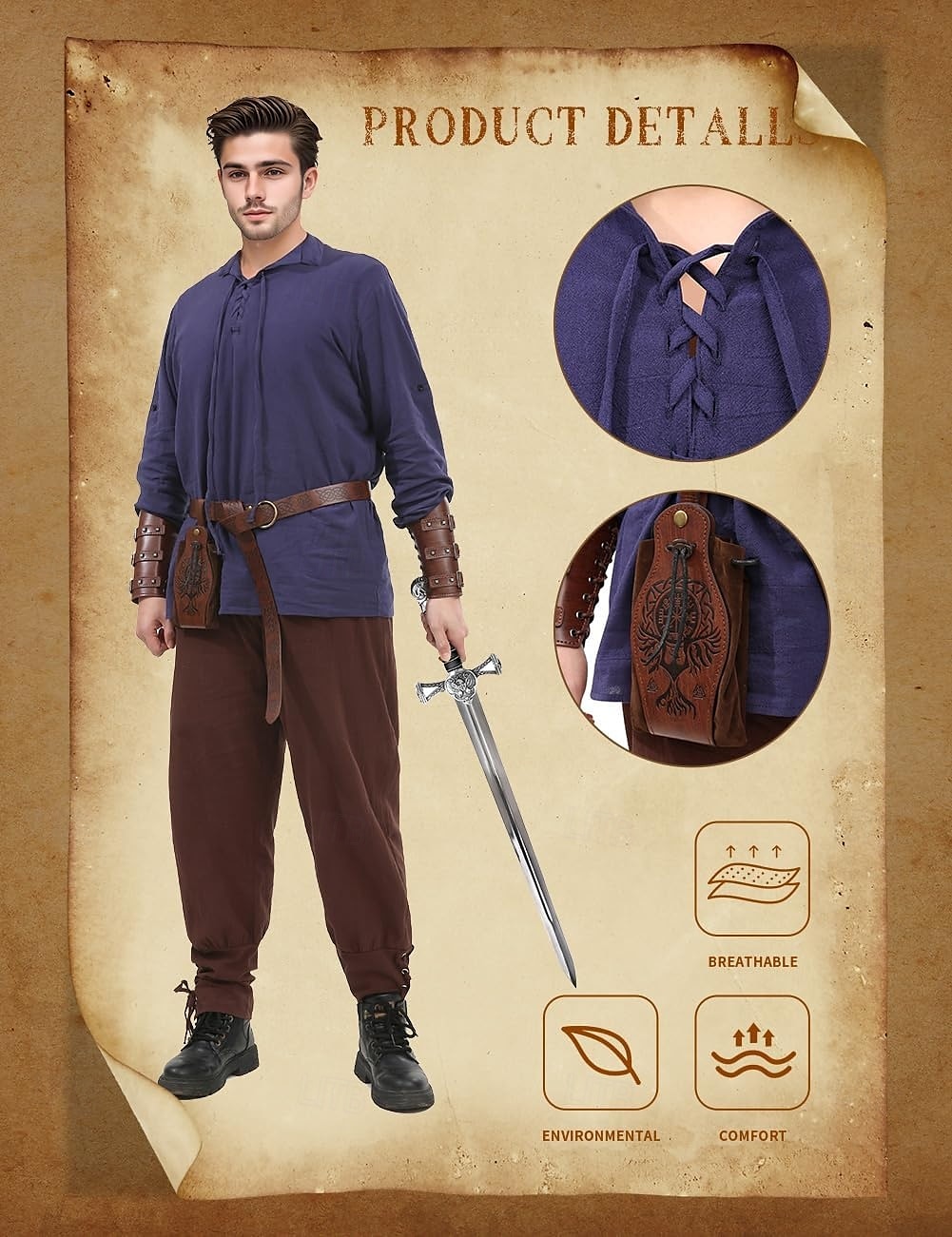 Retro Středověké Renesanční Kalhoty Úbory Pásek Ren Faire Pánské Viking Fantazie předvečer Všech svatých Karneval Plesová maškaráda Karneval Výkon LARP Dospělé Tričko Kalhoty Pásek 2025 - $51.99 –P11