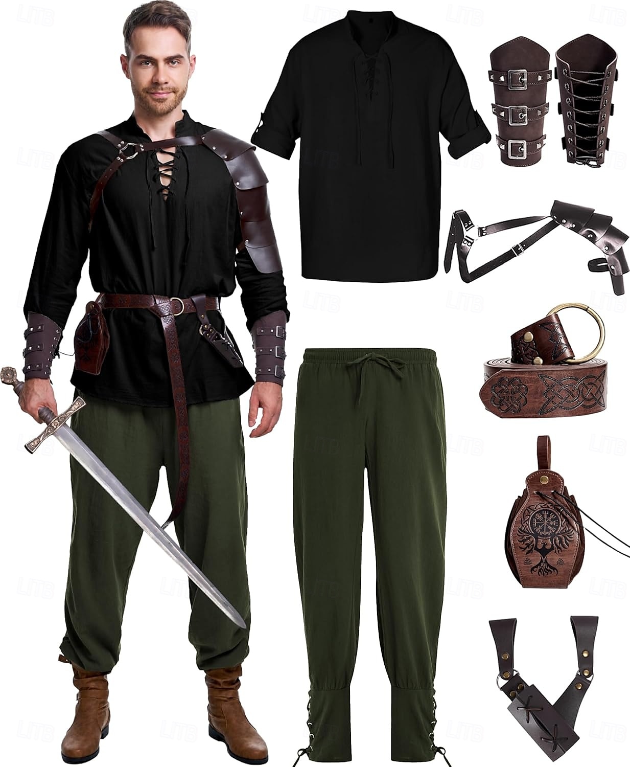 Rétro Vintage Médiéval Renaissance Pantalon Costume de cosplay Tenues Ren Faire Homme Viking Fantaisie Halloween Carnaval Mascarade Carnaval Performance LARP Adulte Chemise Pantalon Ceinture de 2025 ? $76.99 –P1