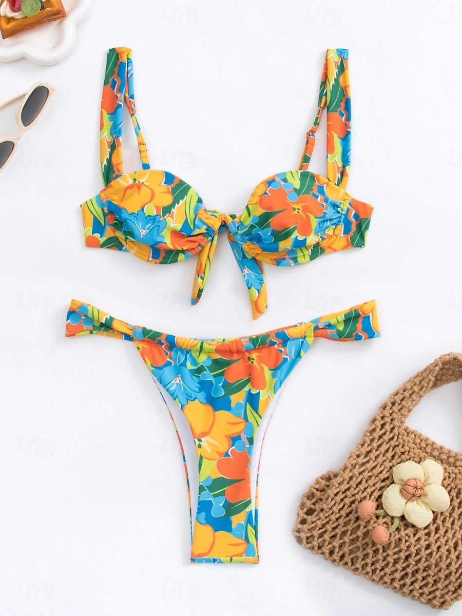 Dam Badkläder Bikini 2 st G-string Baddräkt Öppen rygg Smal Semester Standkläder Blommig Halterneck Ärmlös Baddräkter 2025 - $32.99 –P4