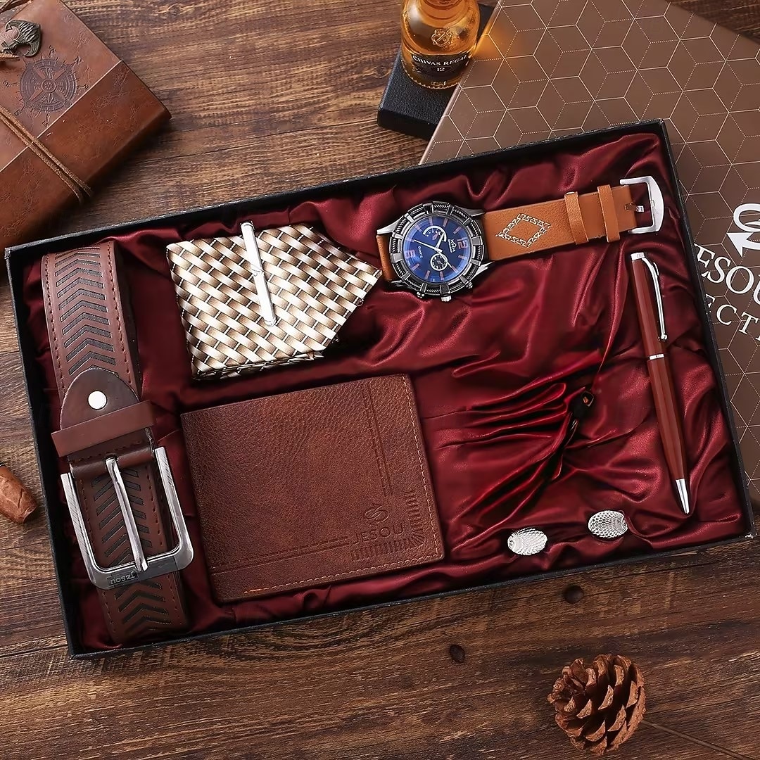 Conjunto de Presentes Masculino de 6 Peças com Caixa Cinto de Couro Carteira Gravata Abotoaduras Relógio Caneta de 2026 por $59.99 –P4