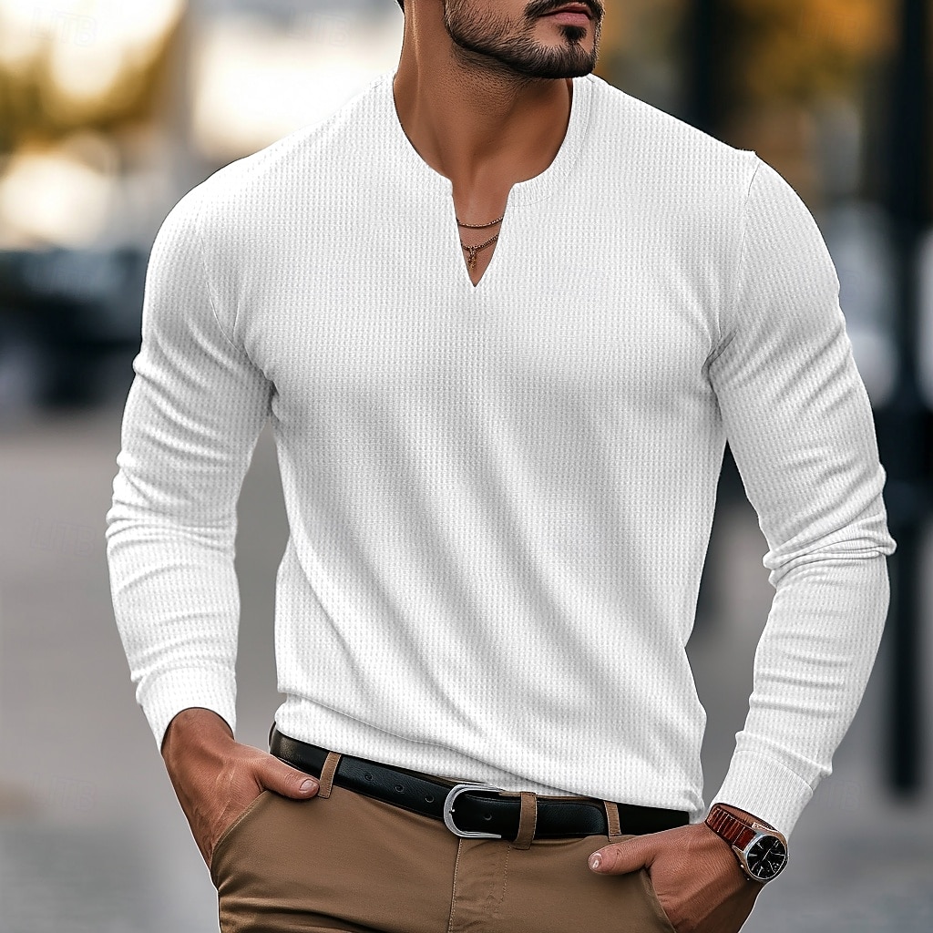 Herren Waffelhemd T Shirt T-Shirt Langarmshirt Langarm V Ausschnitt Frühling & Herbst Einfach Mode Designer Basic Klassicher Stil Urlaub Straße Ausgehen Schwarz Weiß Orange Top T-Shirt für Herren 2025 - $18.99 –P5