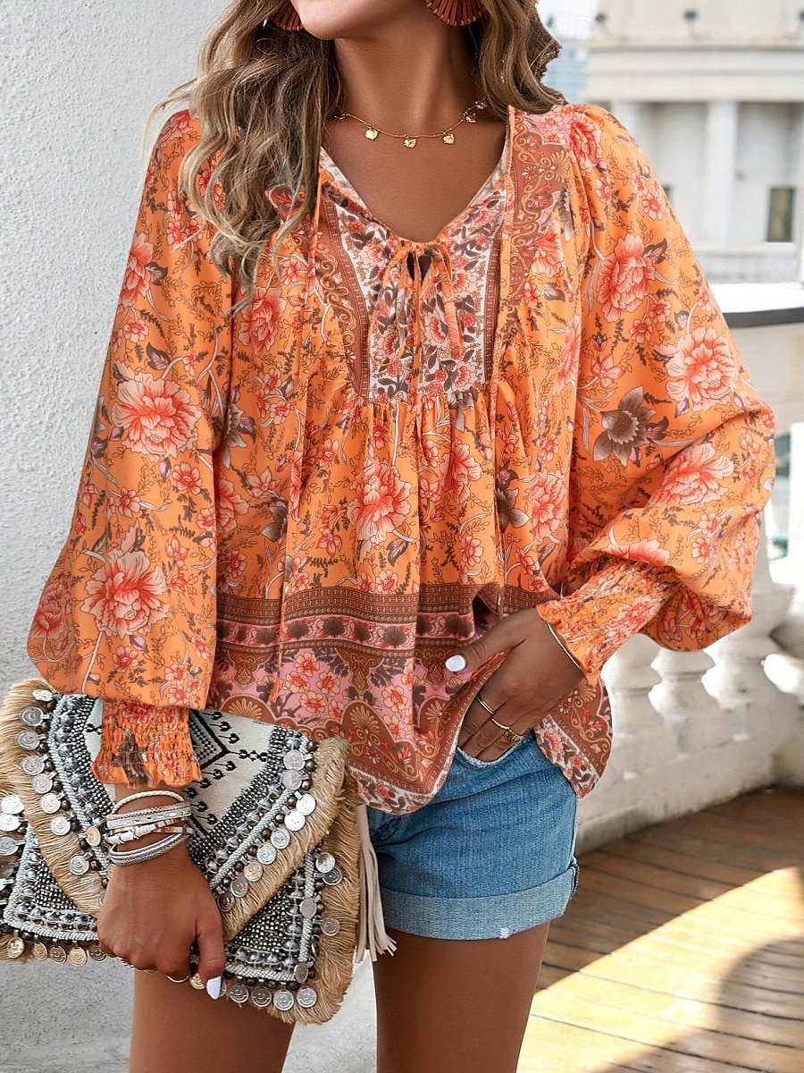 Dame Skjorte Bluse Blomstret Bohem Fritid Langermet V-hals Vanlige topper Daglig Trykt mønster Gul Rosa Navyblå Blå Oransje Sommer Vår Høst 2025 - $29.99 –P9