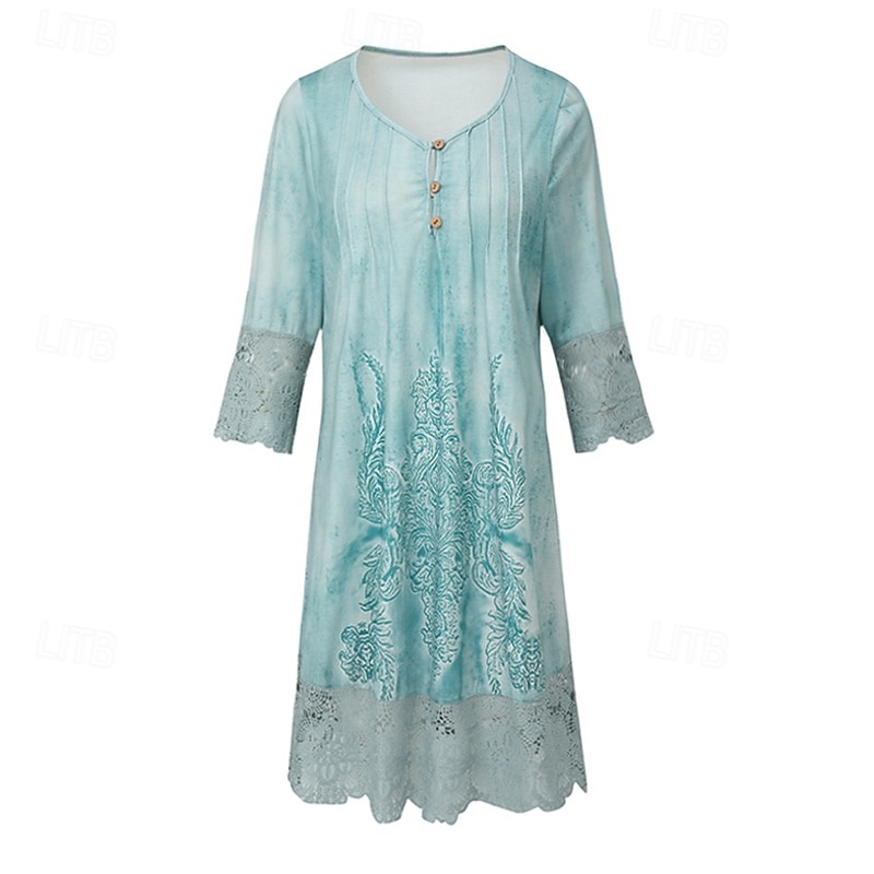 Women's Casual Dress Boho Lace Detail V-neck Three Quarter Sleeve Vintage Pattern Relaxed Fit Beige Tan Linen Blend Spring Autumn Regular Size Outdoor Daywear 2025 - $35.99 –P7