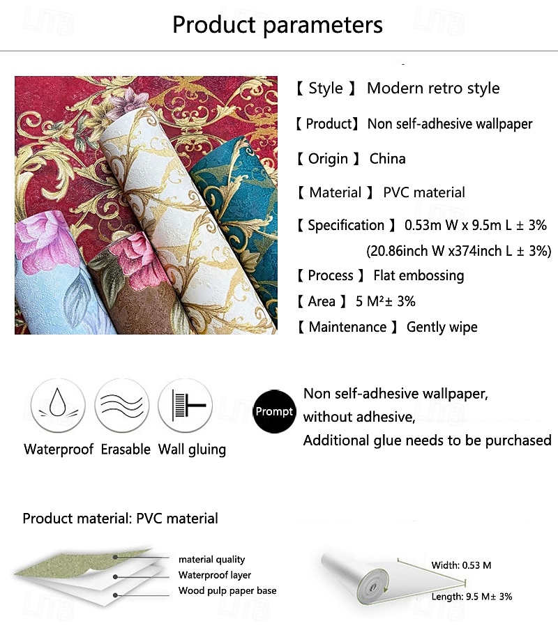 1 rulle 3d europeisk damast icke självhäftande tapet präglad sovrum sänggavel vardagsrum bakgrund väggdekoration vattentät tapet 950x53cm/374x20.87inch 2026 - $47.99 –P1