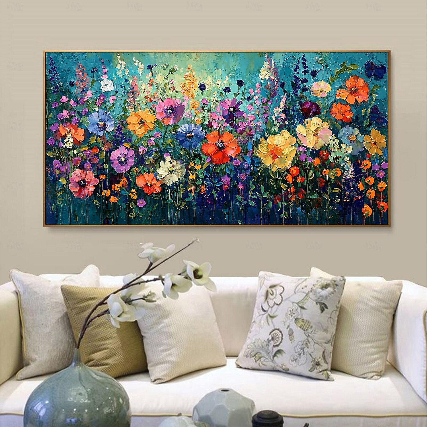 Peinture à l'huile originale faite à la main de fleurs colorées sur toile, peinture abstraite de groupe de fleurs à texture, art mural pour la décoration intérieure avec cadre tendu/sans cadre de 2025 ? $166.99 –P1