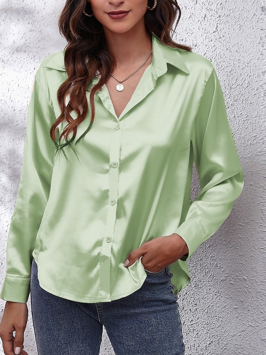Per donna Camicia Elegant Elegante Raso/Satin Tinta unica Affari Moderno Casual Manica Lunga Colletto a Camicia Top Regolari Lavoro Abbigliamento Formale Bottoni Giallo Rosa Vino Blu Verde Estate del 2025 a $24.99 –P11