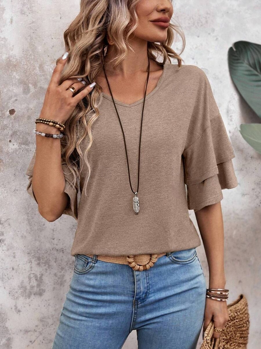 Dame T skjorte عادي Mote Moderne Fritid 3/4 ermer V-hals Vanlige topper Daglig Helg Drapering Rosa Navyblå Kakifarget Sommer Vår 2025 - $29.99 –P3