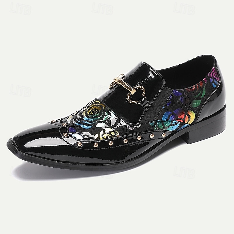 Men's Black Patent Leather Loafers with Gold Tip Floral  and Metal Buckle–Premium Cowhide Formal Shoes for Weddings, Parties, and Special Occasions 2025 - $109.99 –P3