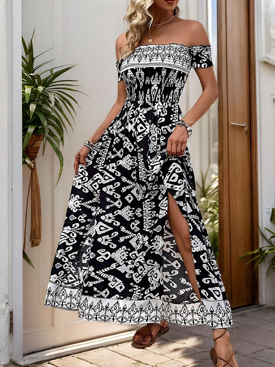 Női Maxiruha hétköznapi ruha Boho elegáns ruhák A vonalú ruha Boho ruha Csehország Stílusos Alkalmi Vakáció Napi Laza öltözet Grafika Rövid ujjú Aszimmetrikus Fekete Nyár Tavasz 2025 - $48.99 –P6