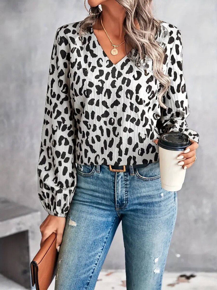 Dame Skjorte Bluse Leopard Fritid Langermet V-hals Vanlige topper Daglig Trykt mønster Svart Hvit Grønn Høst Vinter 2025 - $26.99 –P4