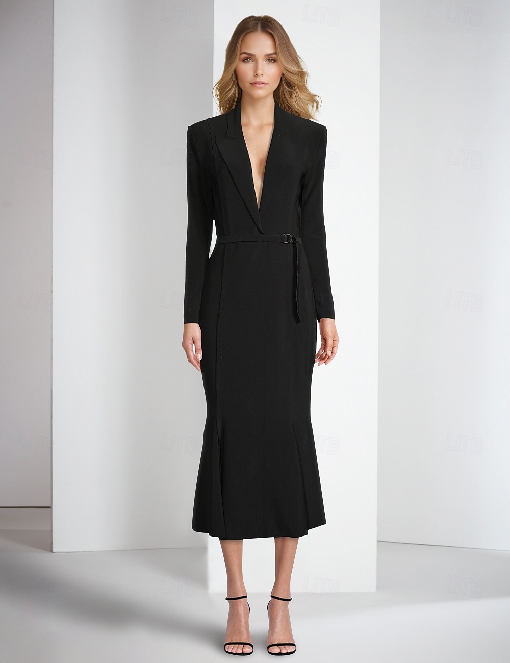 Blazer jurk zeemeermin  trompet cocktailjurken elegante jurk tuxedo jurk formele bruiloft enkel lengte lange mouw overhemd kraag zak stretch crêpe met franjes jurken 2025 - $179.99 –P1