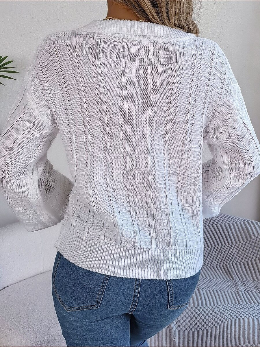 Women's Sweater Casual Soft Pure Color Ribbed V Neck Knitted Long Sleeve Regular Tops Knit Outdoor Daily Weekend White Orange Spring Fall 2025 - $33.99 –P11
