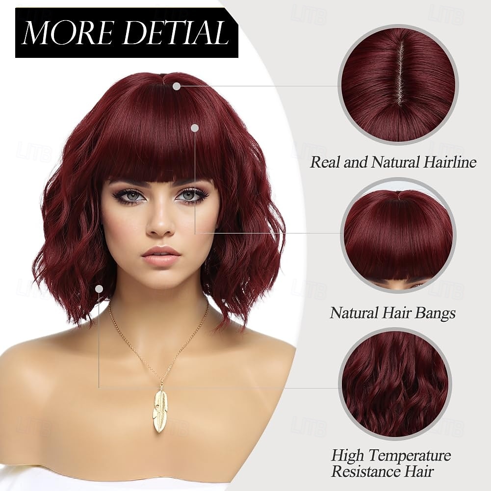 короткие парики для женщин волнистый парик с челкой парик боб синтетические волосы волна средней длины цветные парики для повседневной вечеринки 2026 - $19.49 –P7