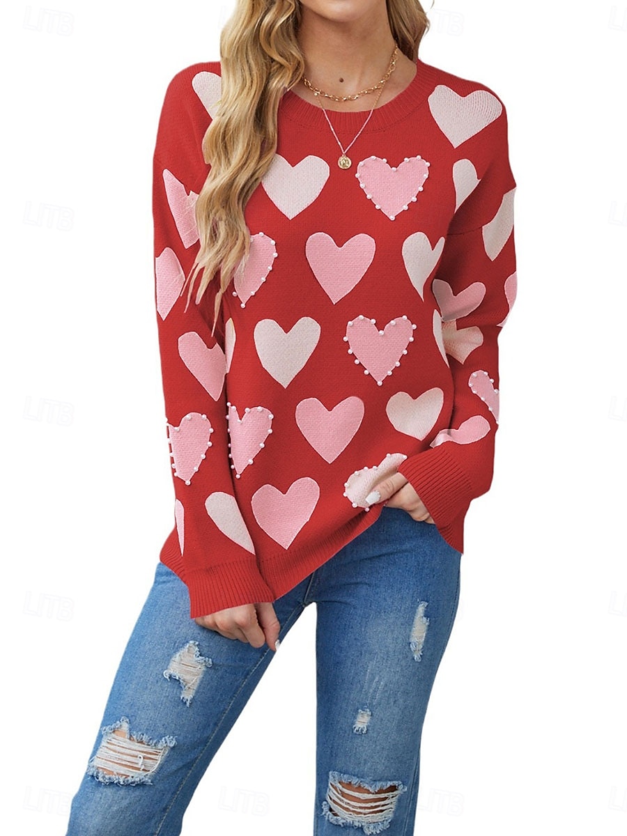 kvinners valentin rosa hjertegenser genser elegant ensfarget v-hals strikket lange ermer vanlige topper strikket mote streetwear utendørs daglig helg svart rosa høst vinter 2025 - $37.99 –P2