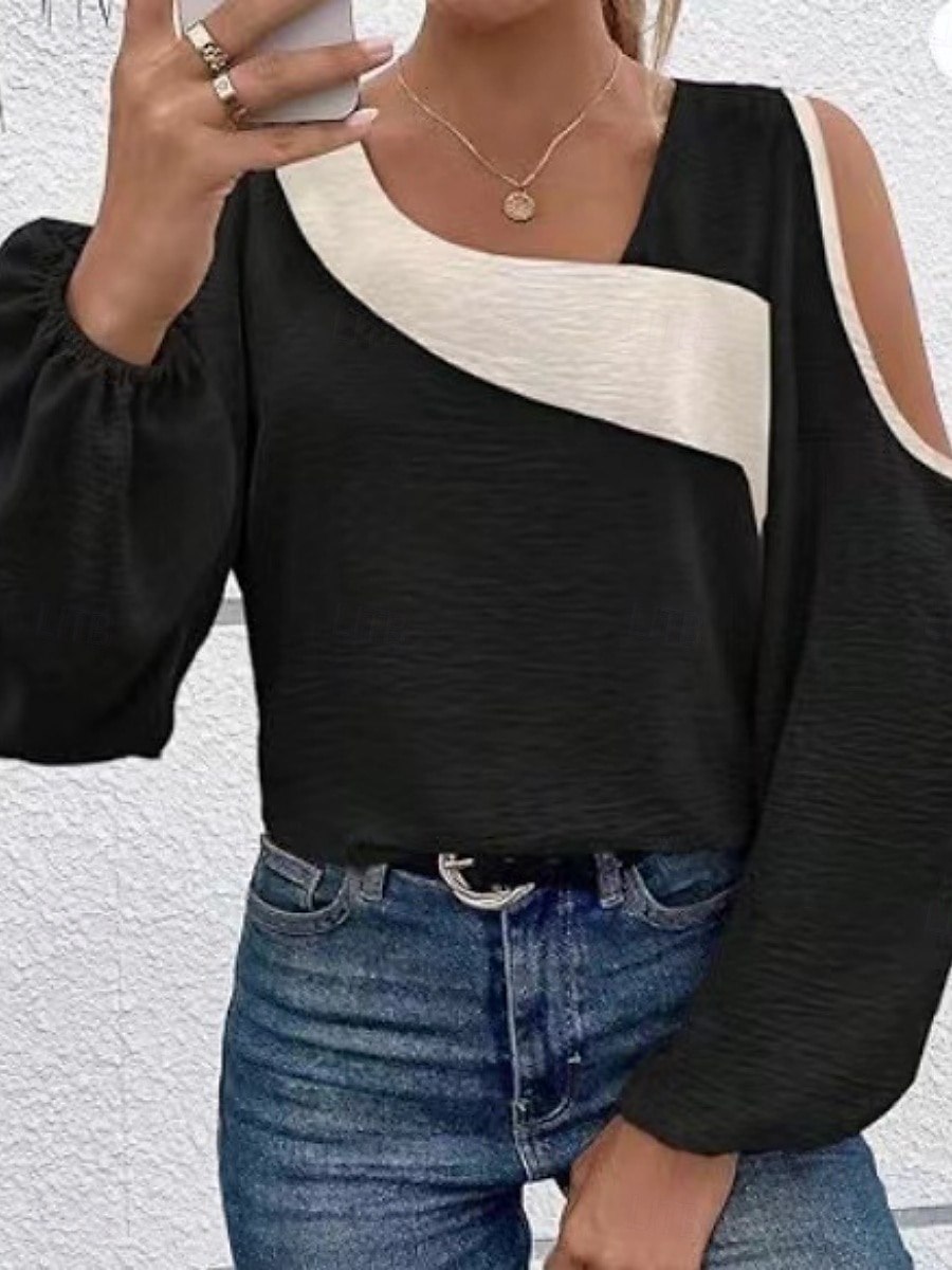 Dame Skjorte Bluse Helfarge Grunnleggende Fritid Langermet V-hals Vanlige topper Daglig Lapper Utskjæring Svart Beige Vår & Vinter 2025 - $27.99 –P6