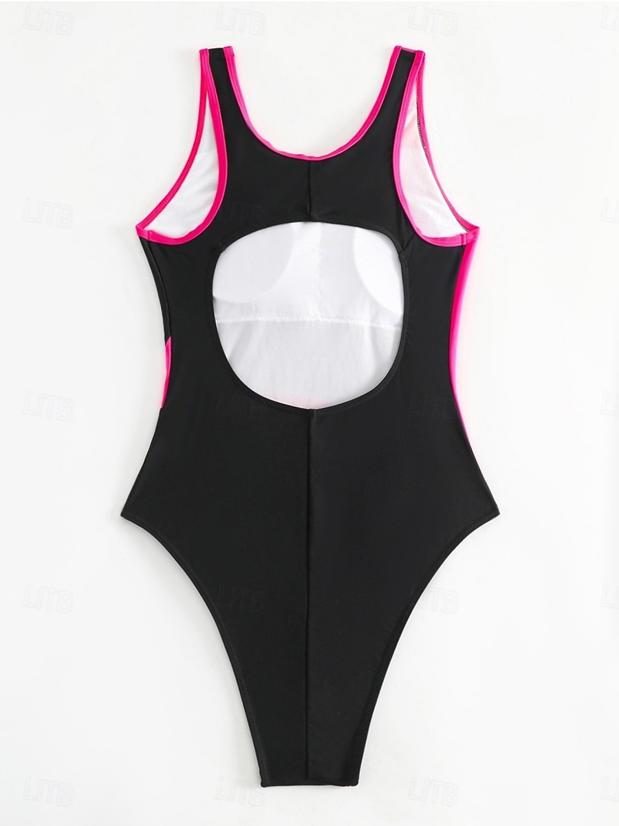 Dam Badkläder En bit Monokini Baddräkt Öppen rygg Magkontroll Hög midja Smal Semester Standkläder Färgblock Rund hals Ärmlös Baddräkter 2025 - $27.99 –P5