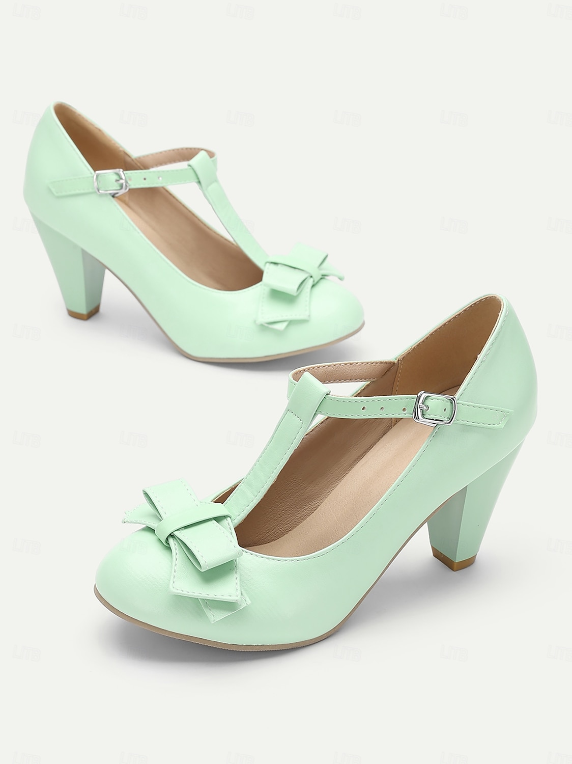 dames mintgroene t-band mary jane hakken met strikdetail - vintage stijl pumps voor feesten en formele gelegenheden 2025 - €41.99 –P4