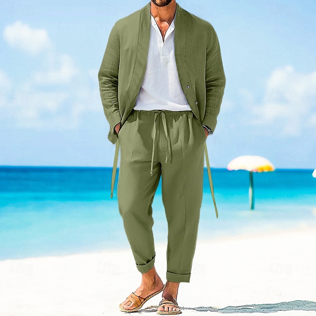 Voor heren 2-delig Overhemdset Bijpassende sets Normaal shirt Effen Dagelijks Uitgaan Zwart Licht Grijs Leger Groen Donkergrijs Lange mouw Zonder Kraag Lente zomer Kleding Elastische tailleband 2025 - $46.99 –P6