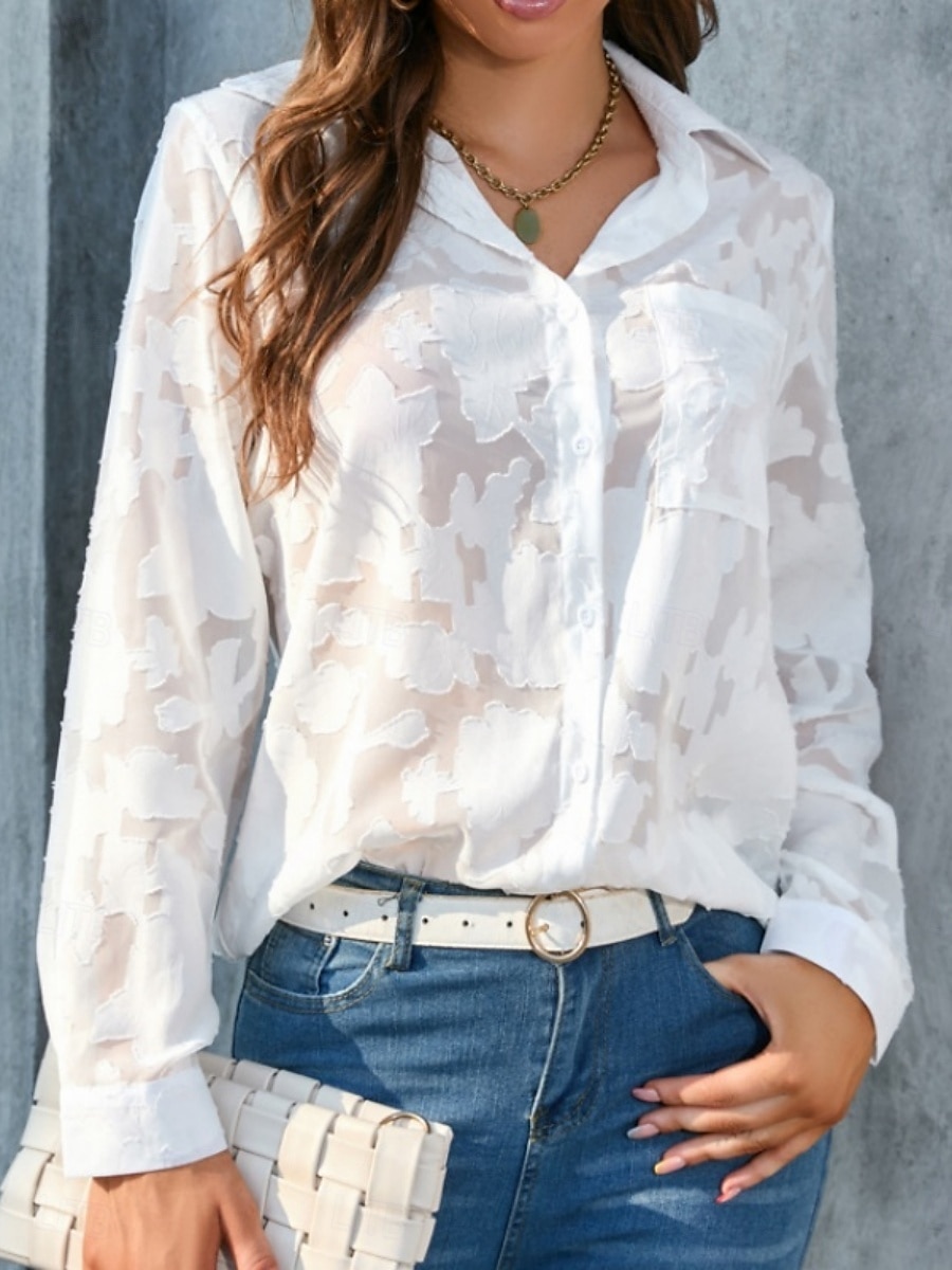 Kvinners hvite elegante blonde topper øyelet bluse uformell ensfarget vanlig topper lang erm skjortekrage knapper lomme vanlig passform daglig romantiske petite topper sommerferie slitasje hvit gul 2025 - $21.99 –P6