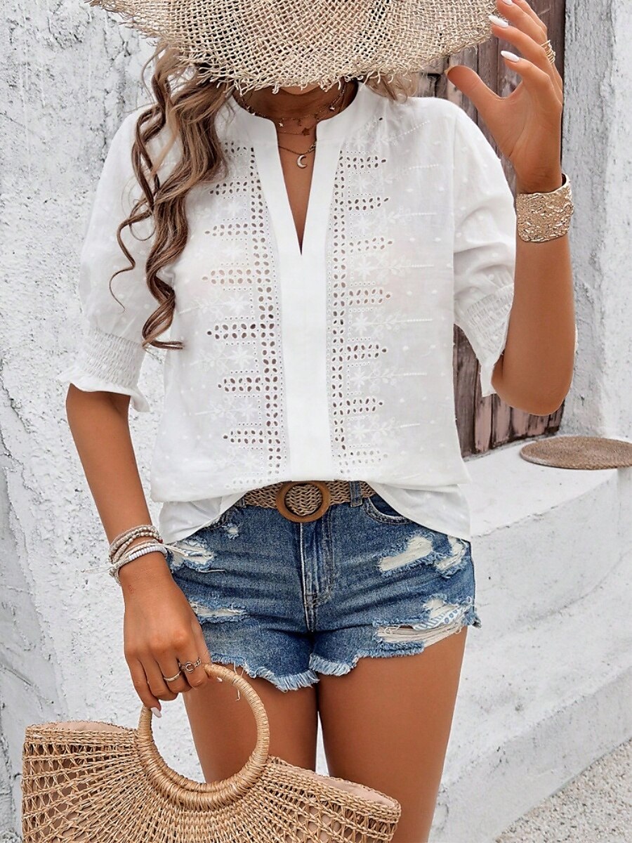 Damen Hemd Bluse Feste Farbe Basic Brautkleider schlicht Halbe Ärmel Gekerbter Hals Normale Oberteile Täglich Bestickt Weiß Rosa Grün Sommer Frühling & Herbst 2025 - $39.99 –P4