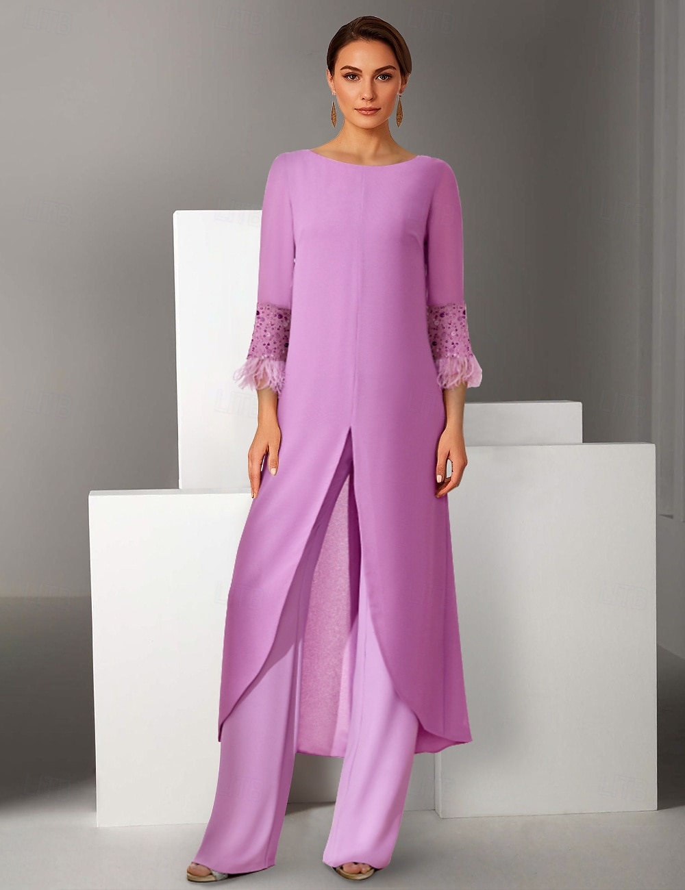 Felső  oszlop 3 darabos nadrág öltöny tengerparti esküvő anyja a menyasszonynak elegáns vintage ékszer nyakpadlós hosszú ujjú chiffon 3/4 ujjú tollas gyöngyökkel 2025 - $201.99 –P1