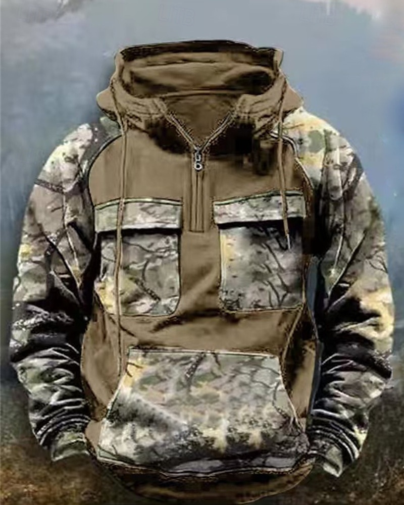 Per uomo Felpa con cappuccio Felpa con cappuccio e cerniera a un quarto Nero Vino Verde militare Blu Reale Cachi Con cappuccio Mimetico Collage Tasca frontale Sportivo Giornaliero Per eventi del 2025 a $40.99 –P4
