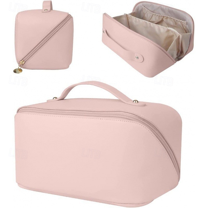 Grote capaciteit reissieraden cosmetische tas, modieuze PU lederen make-up organizer, draagbare toilettas met handvat voor reizen en opslag 2025 - $4.99 –P1