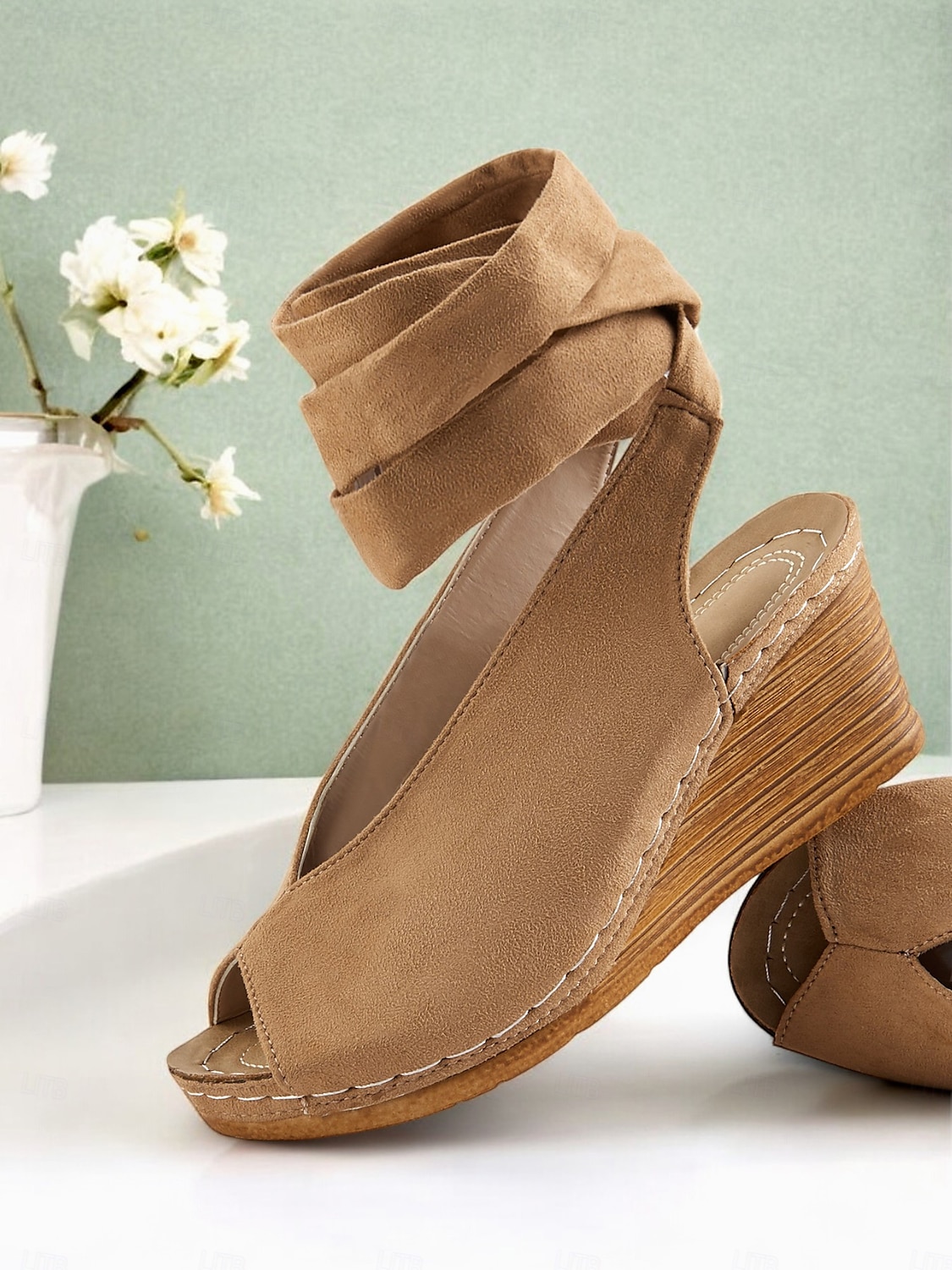 Women's Khaki Faux Suede Wedge Sandals with Peep-Toe and Wraparound Ankle Straps - Comfortable Summer Shoes for Casual and Beach Wear 2025 - $32.99 –P5