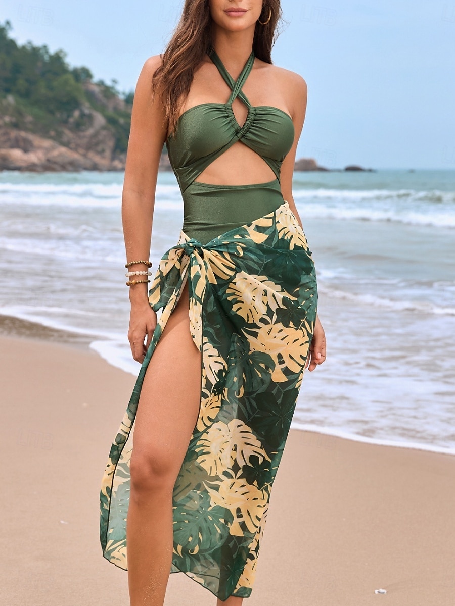 Dam Badkläder En bit 2 st Monokini Kjol Baddräkt Öppen rygg Magkontroll Hög midja Smal Semester Standkläder Blommig Halterneck Ärmlös Baddräkter 2025 - $44.99 –P1