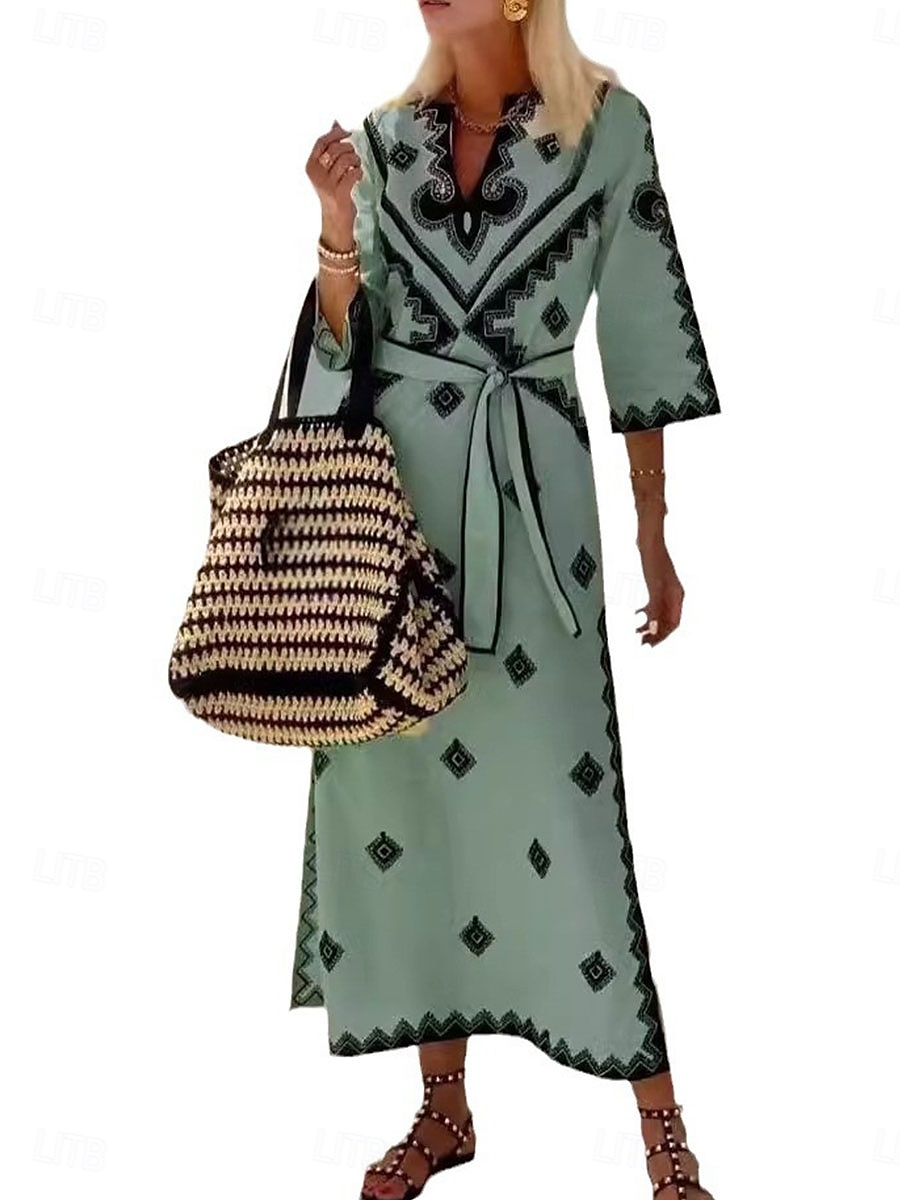Damen Maxidress Boho Chic Kleider A Linie Kleid Elegant Böhmen Kuschelig Urlaub Täglich Strand Regular Fit Graphic Halbe Ärmel V Ausschnitt Grün Beige Grau Herbst Winter 2025 - $33.99 –P4