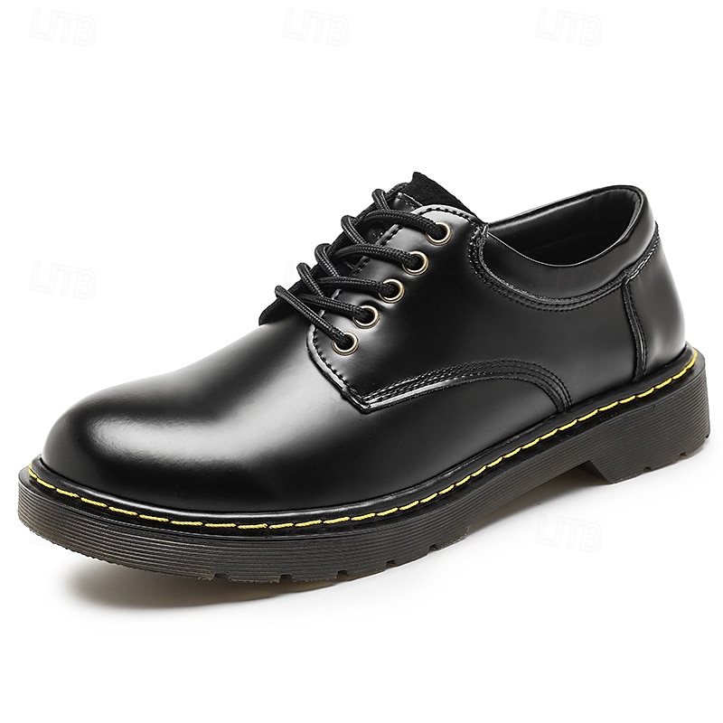 Men's Black Faux Leather Lace-Up Shoes with Yellow Stitching, Durable Casual Sneakers for Work and Everyday Wear 2025 - $54.99 –P2