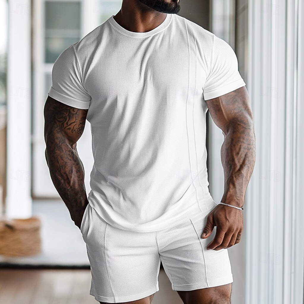 Men's Waffle Shirt 2 Piece T-shirt Suits Tee Short Sleeve Short Pant Crew Neck Spring & Summer Plain Fashion Designer Basic 2 Piece Vacation Street Going out Black White Gray Top Tee for Men 2026 - $29.99 –P1
