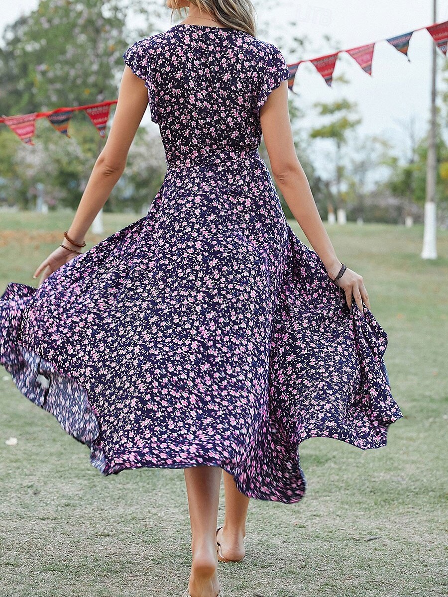 Dames Maxi-jurk Casual jurk Boho chique jurken Bohemen leuke Style Stijlvol Flutter mouw Vakantie Dagelijks Strand Ruim Passend Grafisch Korte mouw V-hals Groen Donkerblauw Zomer Lente 2025 - $43.99 –P14