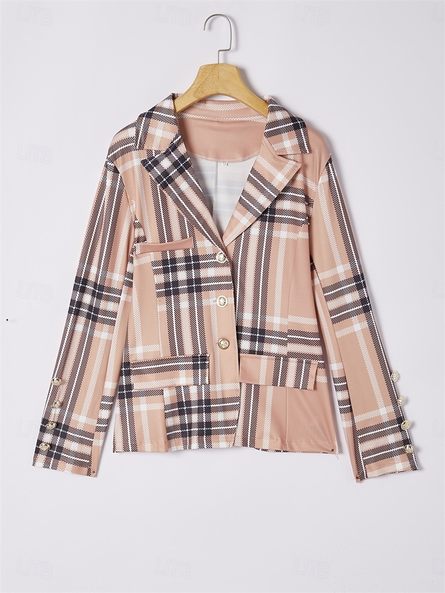Dames Blazer Chinese Lange mouw Overhemdkraag Ruitjes Lapwerk Khaki Herfst Normale pasvorm 2025 - $37.99 –P2