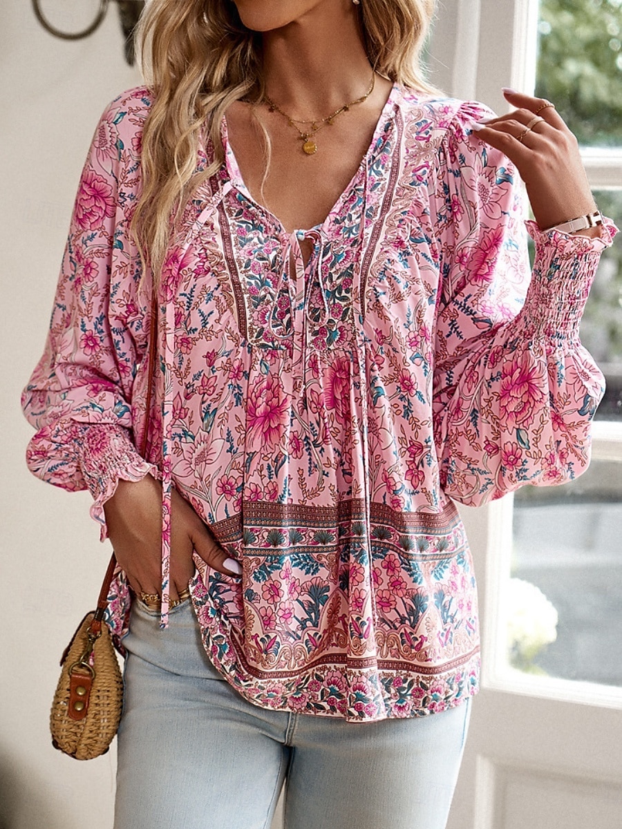 Dame Skjorte Bluse Blomstret Bohem Fritid Langermet V-hals Vanlige topper Daglig Trykt mønster Gul Rosa Navyblå Blå Oransje Sommer Vår Høst 2025 - $29.99 –P1