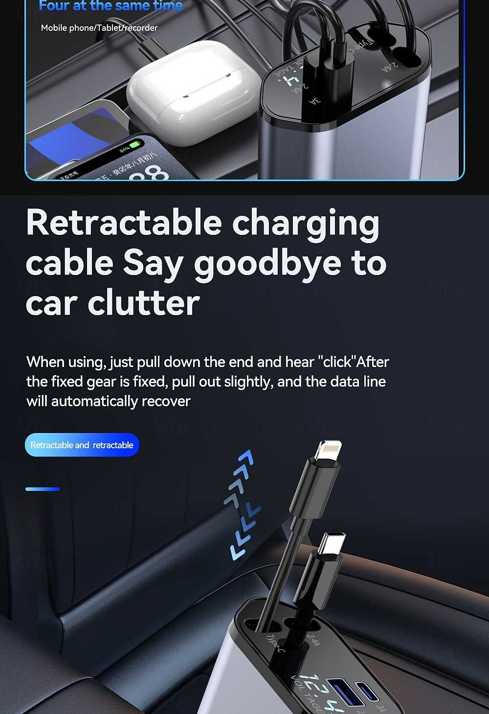 2025年 4 in 1 引き込み式車載充電器 USB タイプ C ケーブル iPhone Samsung 高速充電コード シガレットライターアダプター  コレクション – $28.99 –P3