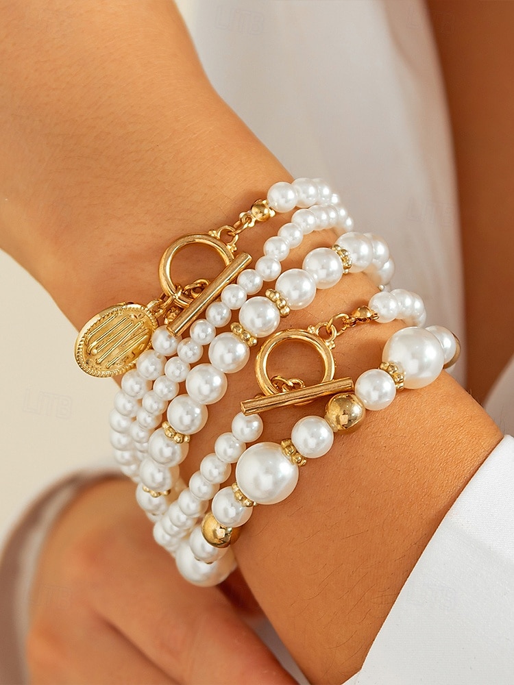 Juego de pulseras de perlas de imitación para mujer con detalles dorados, diseño elegante de múltiples capas, joyería de moda para bodas, fiestas y eventos formales. 2025 - $4.99 –P1