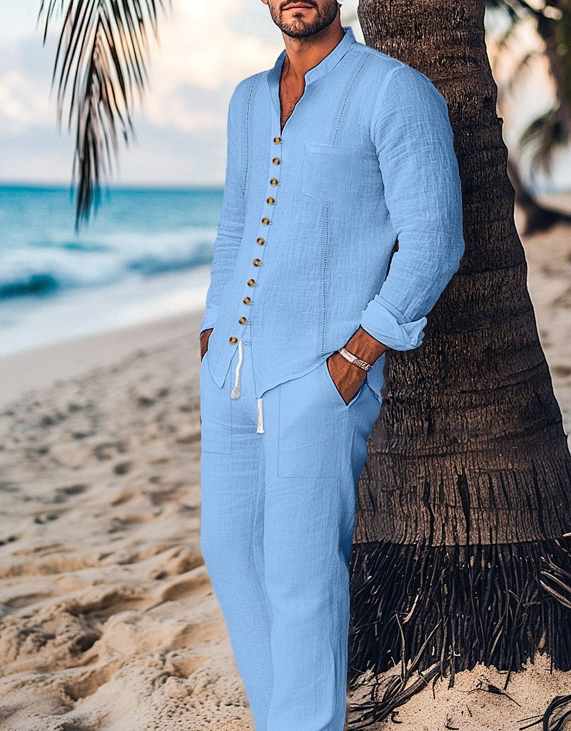 Ανδρικά Πουκάμισο Guayabera 2 Κομμάτια Σετ πουκαμίσου Ταίριασμα σετ Casual πουκάμισο Σκέτο Διακοπές Εξόδου Μαύρο Λευκό Μπλε Απαλό Μακρυμάνικο Όρθιος γιακάς Ανοιξη καλοκαίρι Ρούχα Μπροστινή τσέπη 2026 - $45.99 –P5